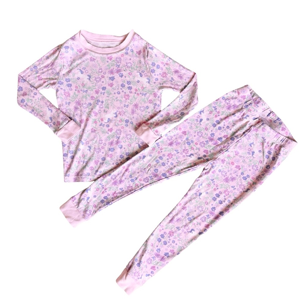 Wonder Nation 5T girls pink cotton unicorn floral snug fit  pajama set